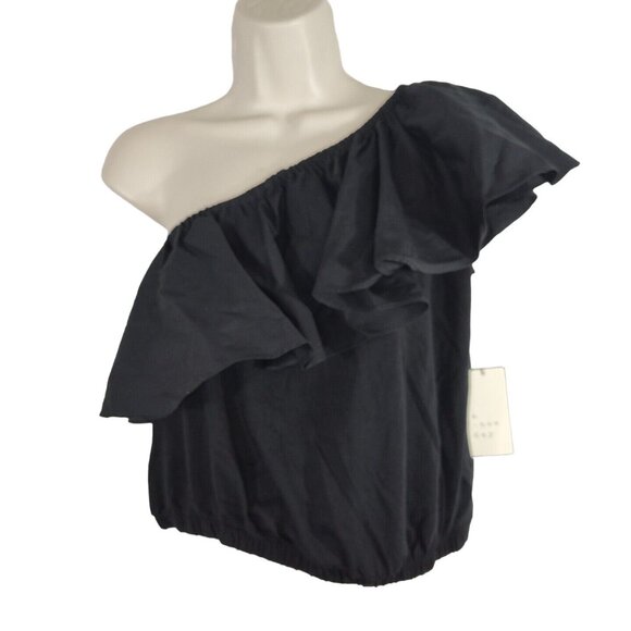 a new day Tops - A New Day Black One Shoulder Crop Top Women Size XS Ruffle Neckline Banded Hem